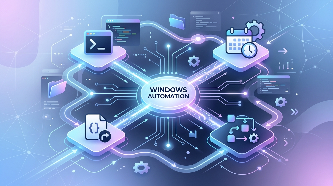 A conceptual diagram illustrating an overview of different desktop automation tools and methods available for Windows, such as PowerShell, Python, and Task Scheduler.