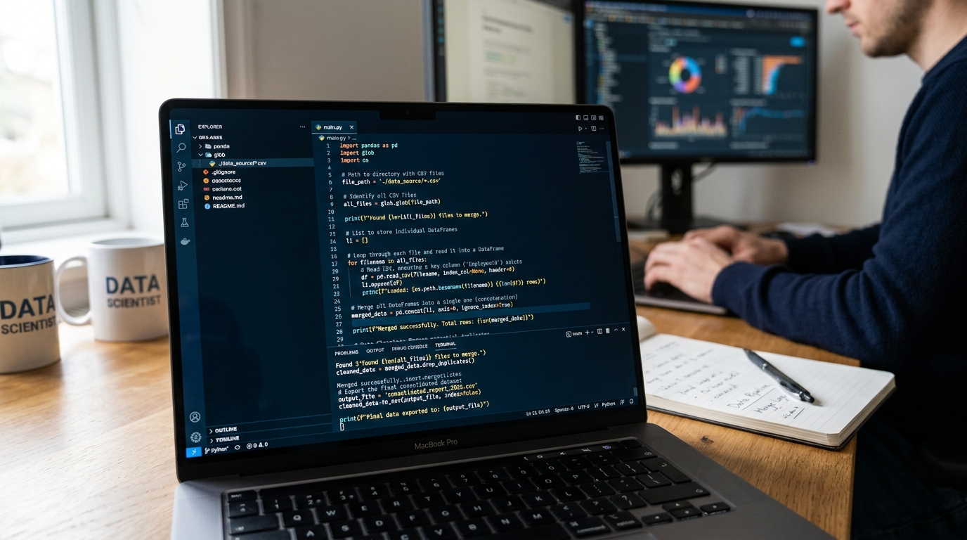 A visual representation of a Python code snippet using the pandas library to merge multiple CSV files and export the combined data, highlighting the automation process.