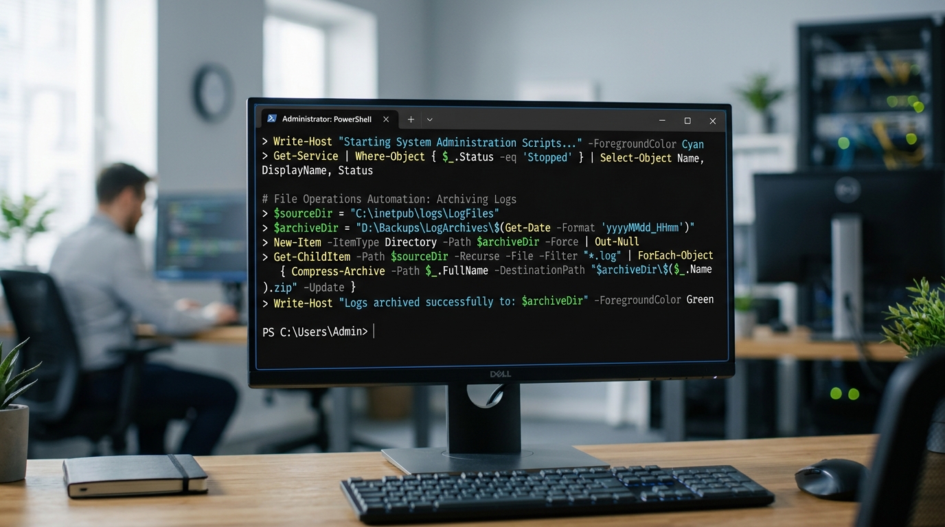 A PowerShell terminal window displaying scripts for automating tasks on Windows, showing code related to file management or system configuration.