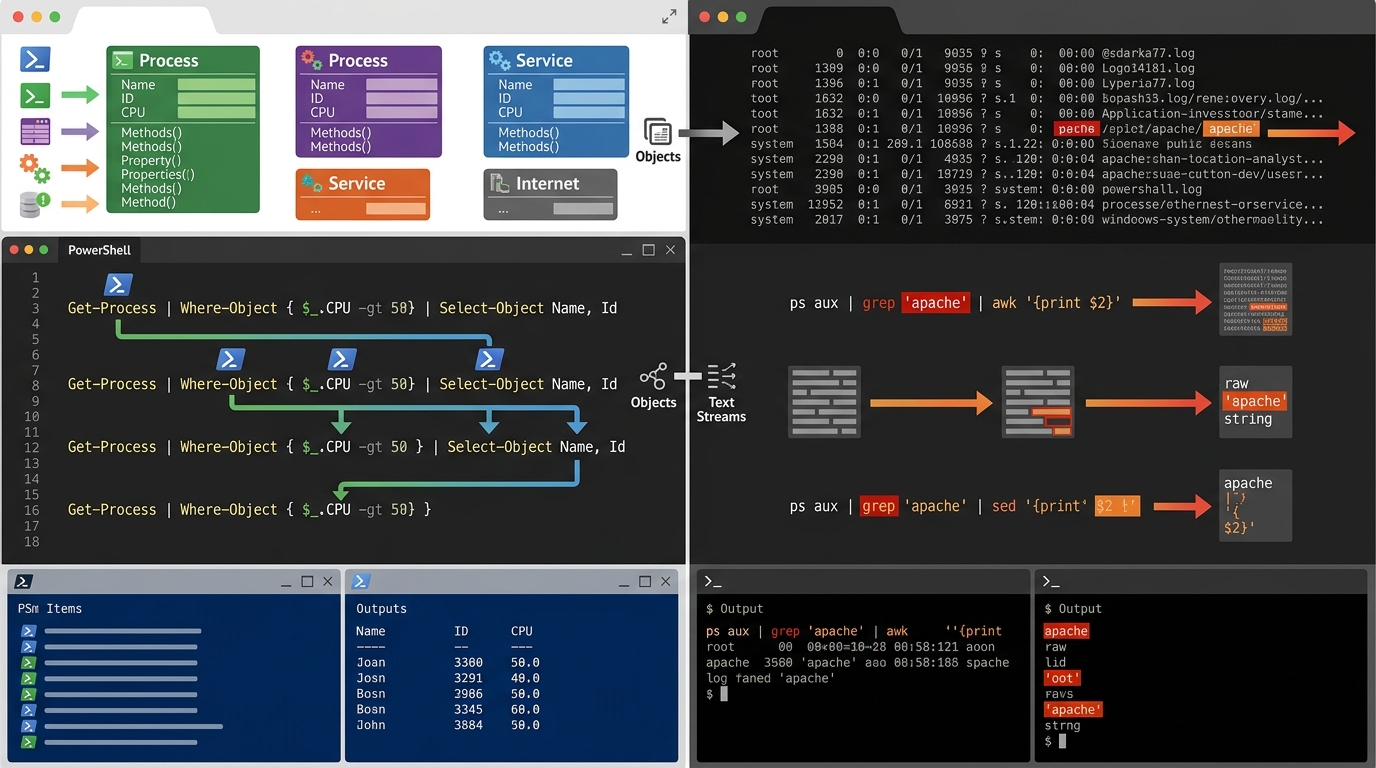 A technical comparison illustrating the differences between PowerShell and Bash automation, with examples of object-oriented pipelines and text-based streams.