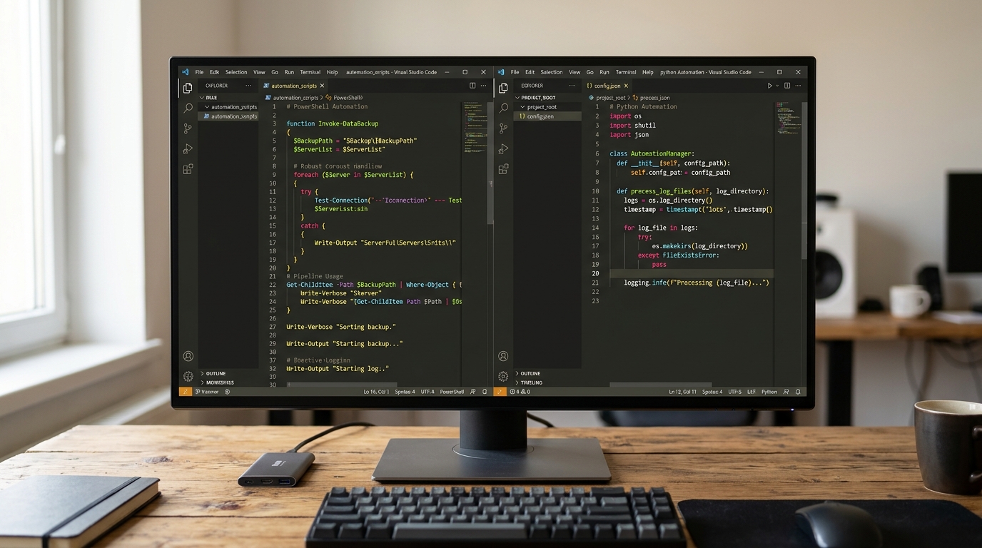 Code comparison of PowerShell and Python automation scripts side-by-side
