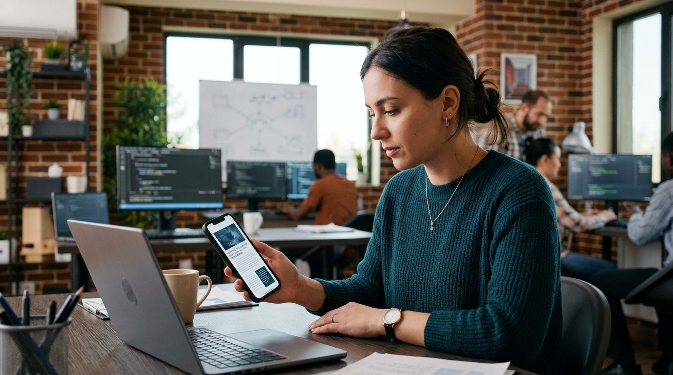 A professional reading an artificial intelligence newsletter on a smartphone, representing technical deep-dives into AI.