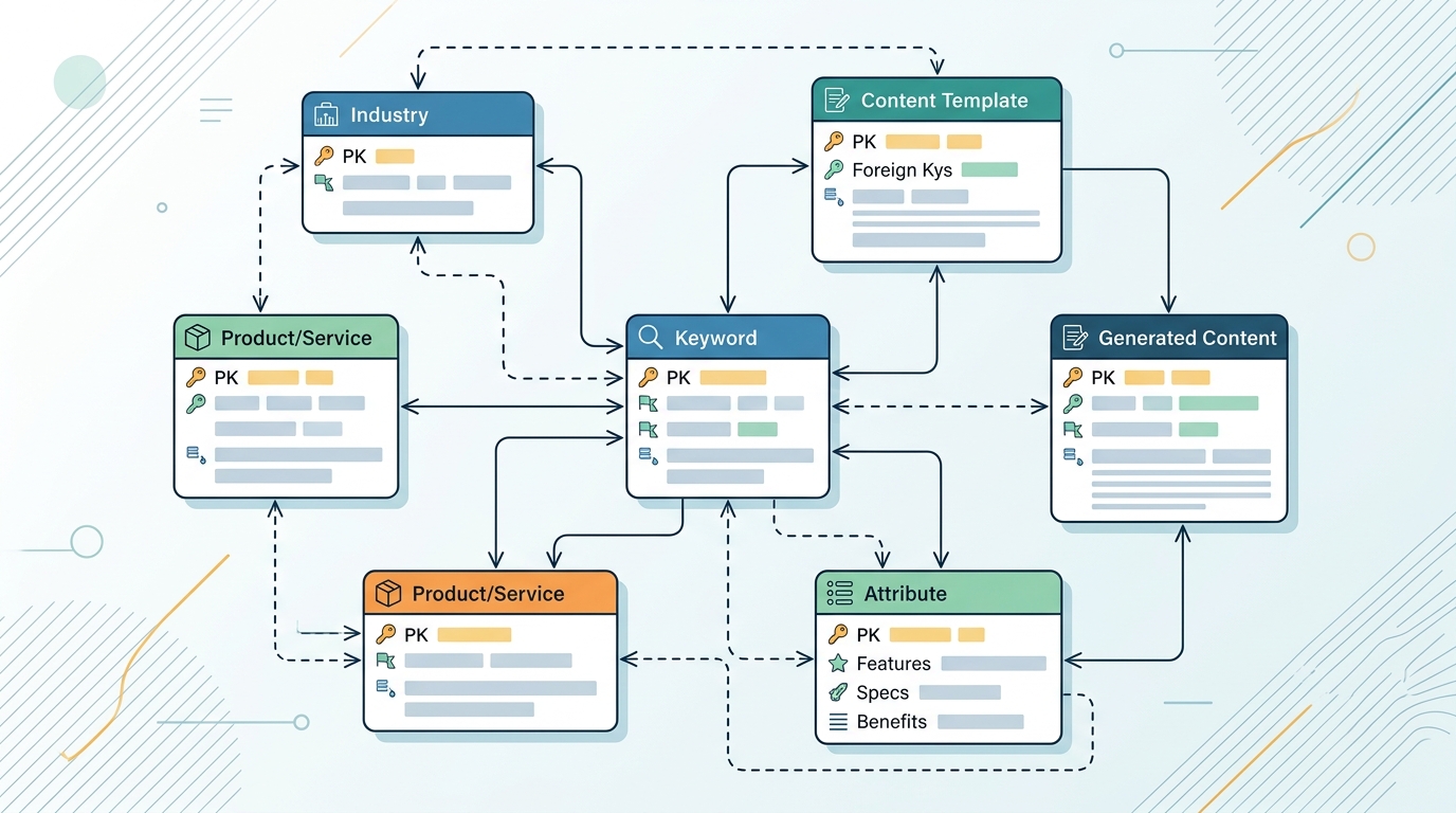 Conceptual database schema illustrating the data structure required for scaling programmatic SEO with AI, showing relationships between various data entities.