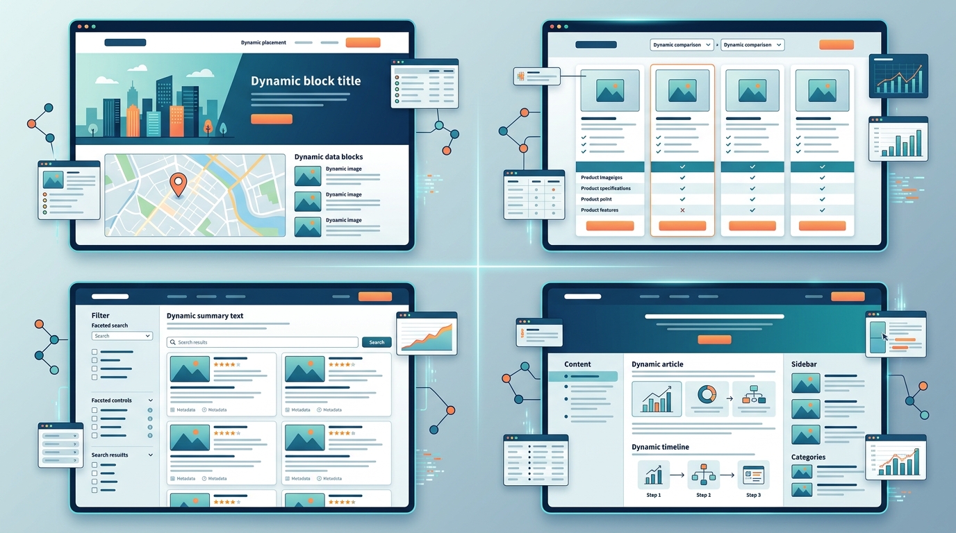 Examples of diverse page templates designed for programmatic SEO, highlighting structured layouts for dynamic content generation.