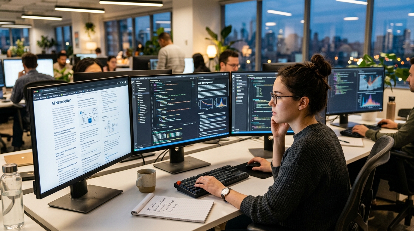 A programmer reading generative AI newsletters on multiple monitors, highlighting the focus on technical depth and insights.