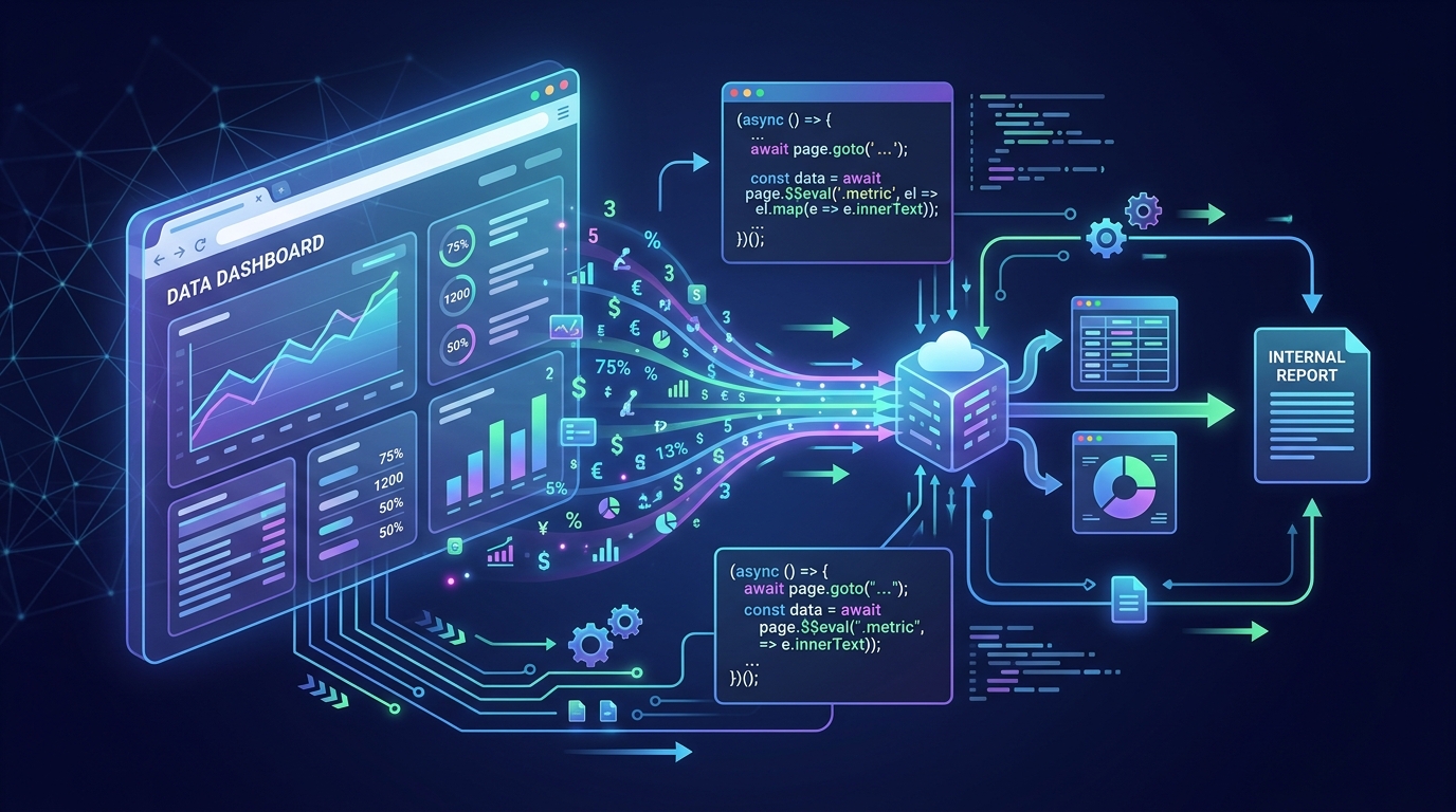 Conceptual illustration of a Puppeteer script extracting data from a dashboard for automated internal reporting in Node.js.