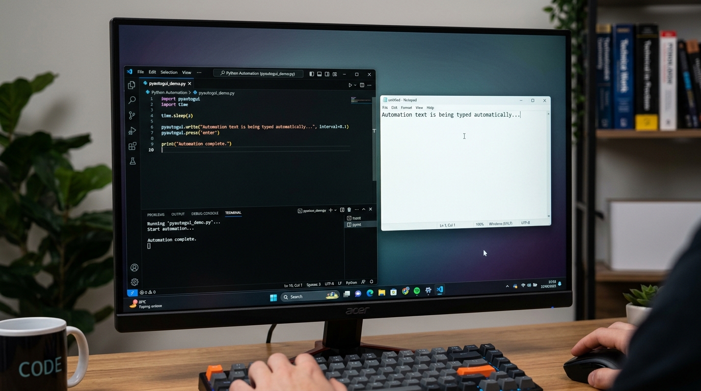 Desktop screen showing a PyAutoGUI script running and interacting with a simple application