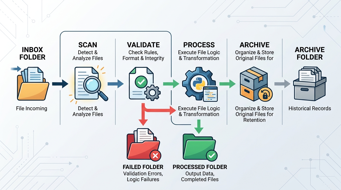System diagram showing the architecture of a Python automated file processing workflow, with stages for scanning, validating, processing, and archiving files.