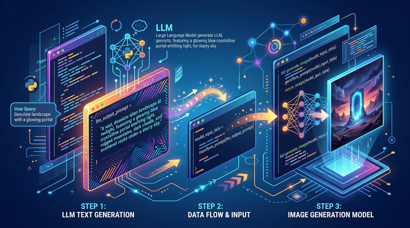 Conceptual Python code illustrating a multi-step AI workflow, demonstrating how an LLM's output can be used as input for an image generation model.