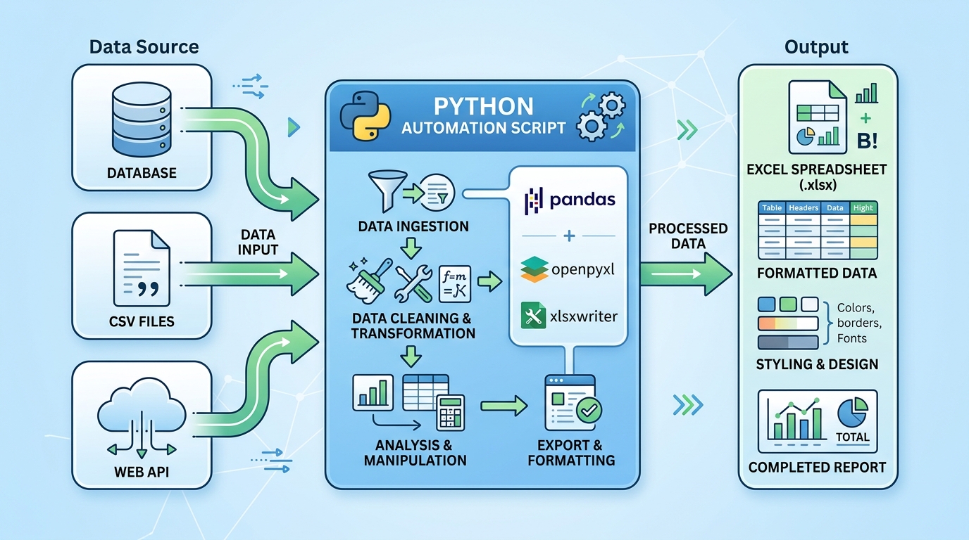 Diagram illustrating a Python Excel automation workflow, showing data input, Python processing, and Excel output.