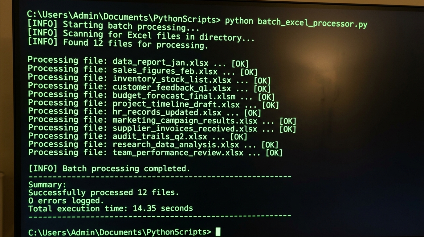 Terminal output displaying messages indicating successful batch processing of multiple Excel files with a Python script, including a summary of processed files and logged errors.