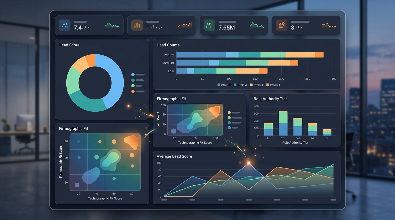 Dashboard displaying Python lead scoring results, showing visualizations of lead priority, firmographic fit, and other sales intelligence metrics.