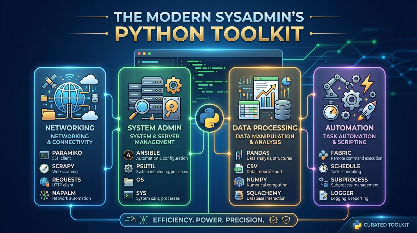 A visual representation of key Python libraries and tools essential for sysadmins and operations teams.