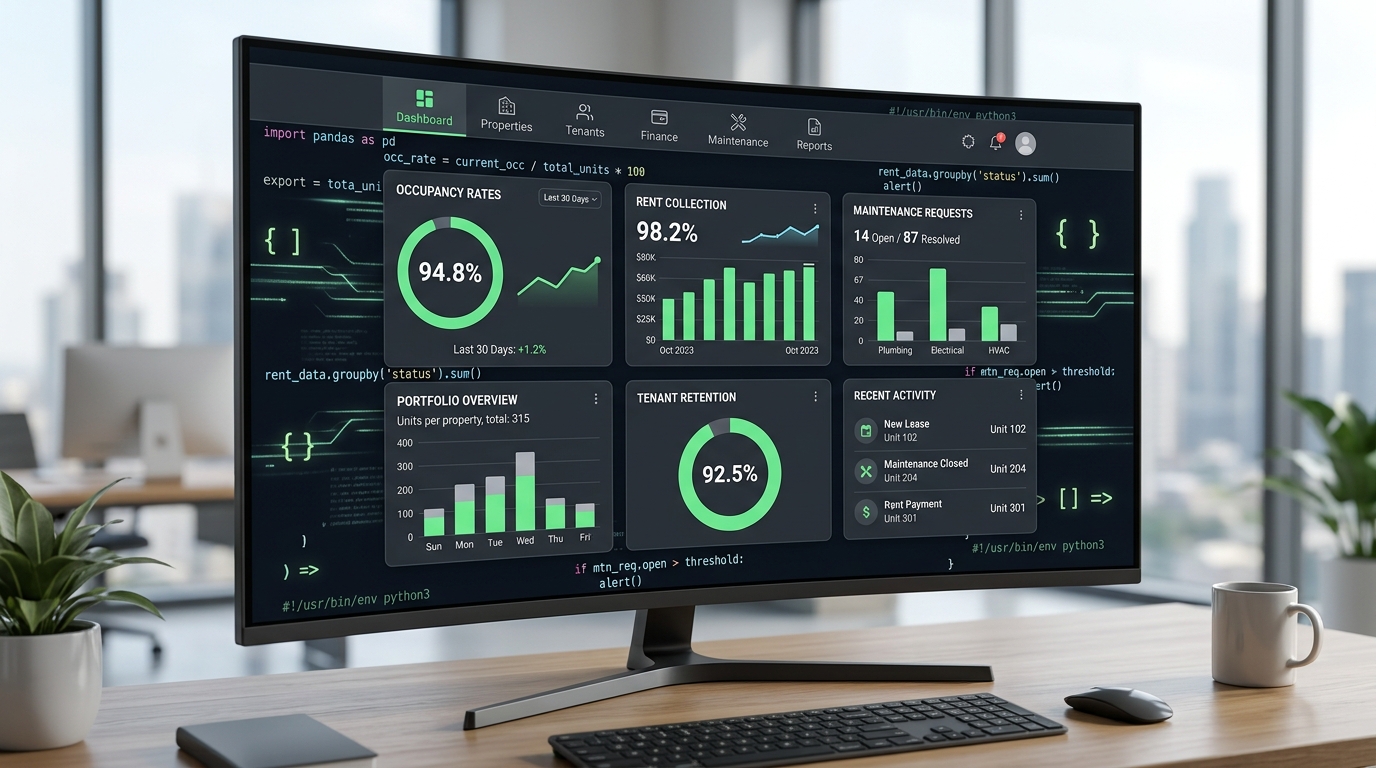 A digital dashboard displaying key performance indicators for property management, including charts for rent collection, occupancy, and maintenance, with subtle Python automation elements.