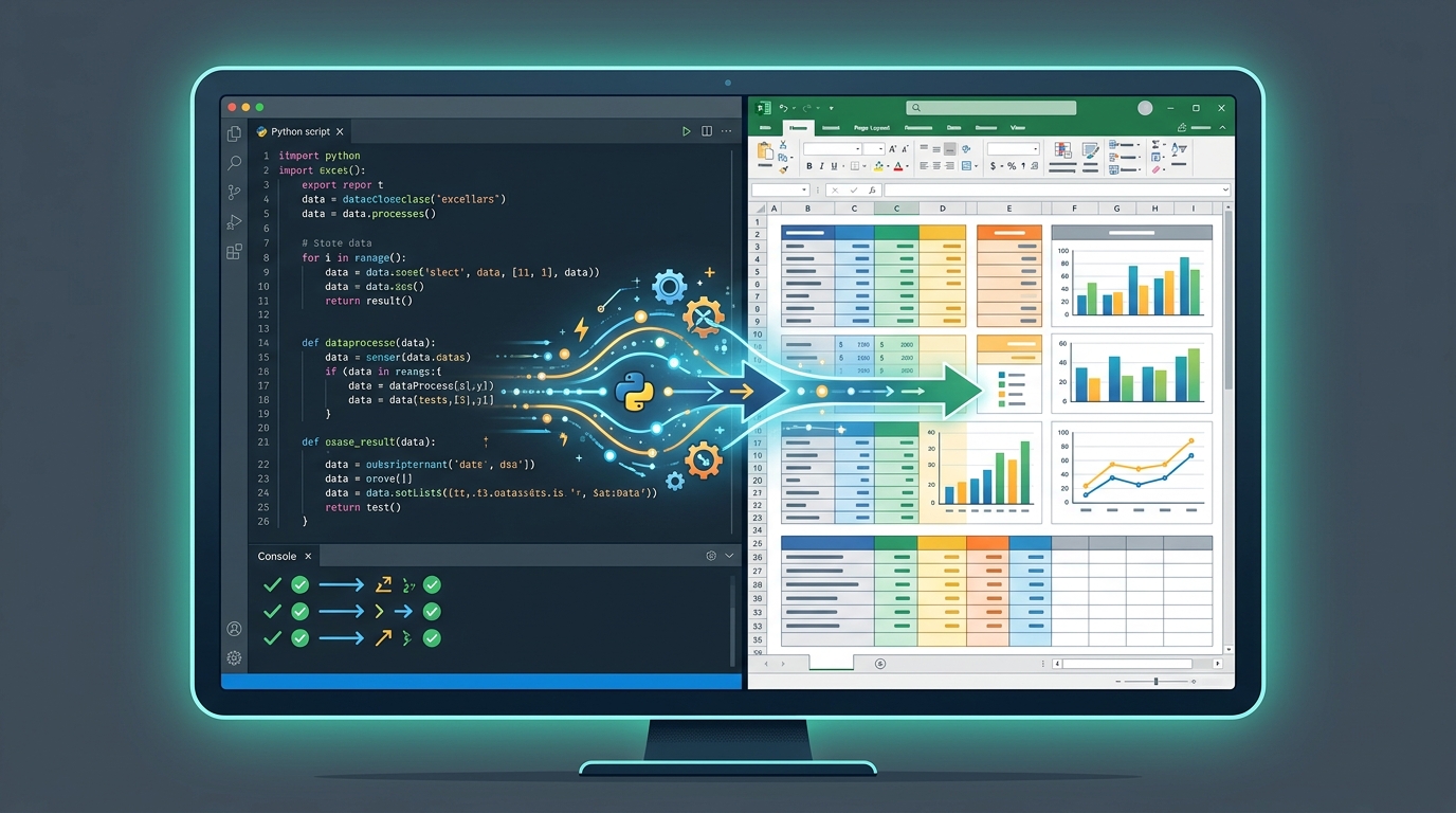 Illustration of a Python script automating the generation of an Excel dashboard.