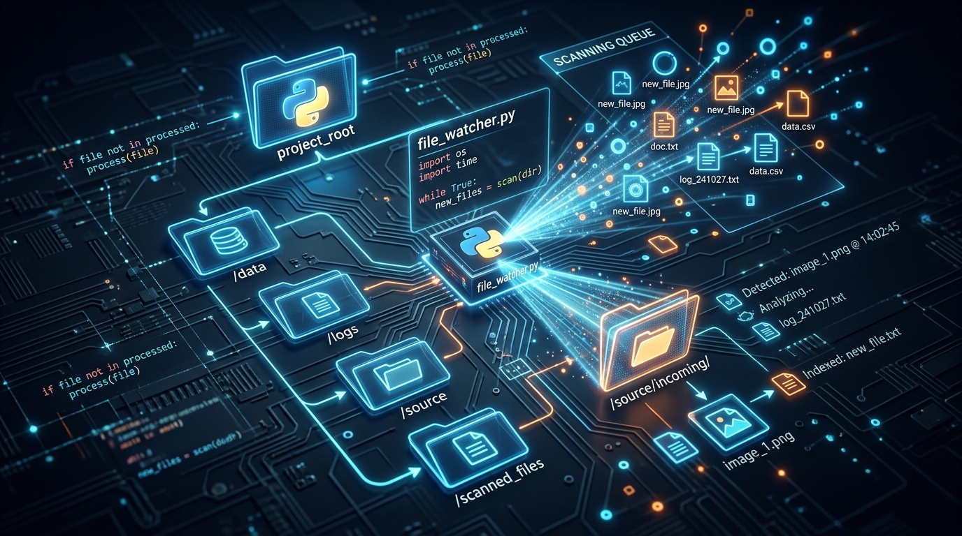 Abstract illustration of a Python script scanning multiple operating system folders to detect and automate the processing of new files.