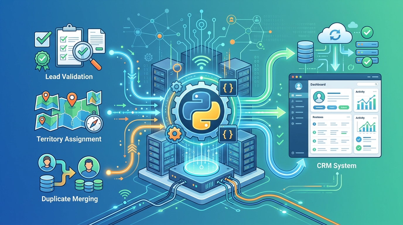 Illustration of Python scripts facilitating data synchronization between various sales operations tasks and a CRM like Salesforce.