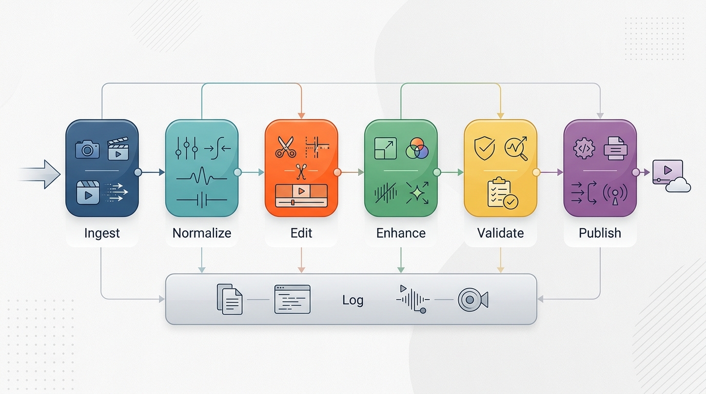 Flowchart illustrating the stages of a Python video processing pipeline, from ingest to publishing and logging.