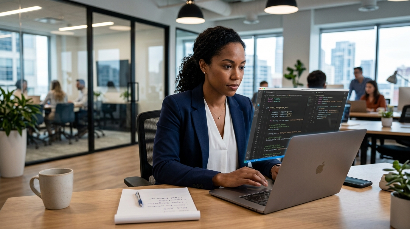 A real estate agent efficiently using Python automation scripts on a laptop to streamline tasks.