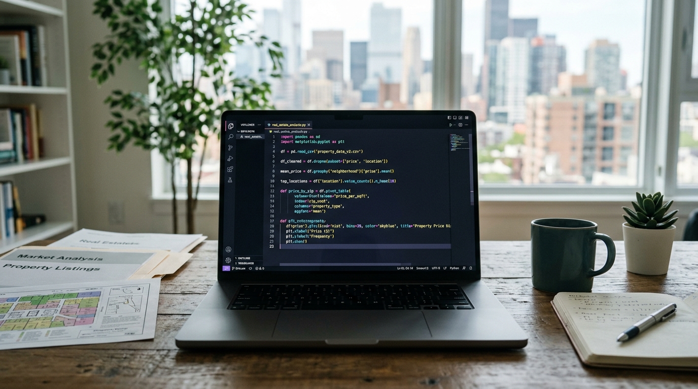 Python code snippet demonstrating real estate data analysis using the Pandas library on a laptop screen.