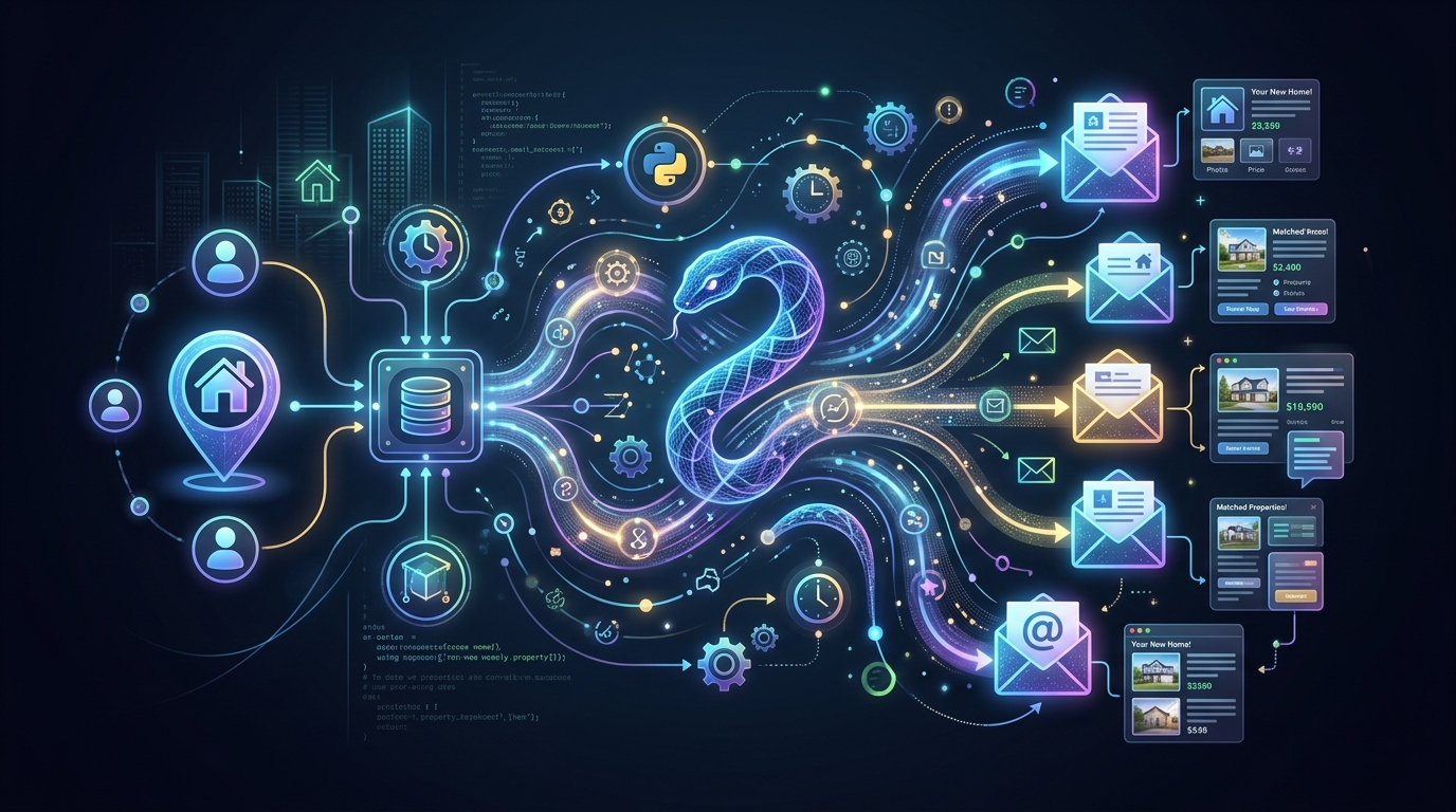 Conceptual image depicting Python integration for dynamic real estate email automation, emphasizing personalized and event-triggered communication.