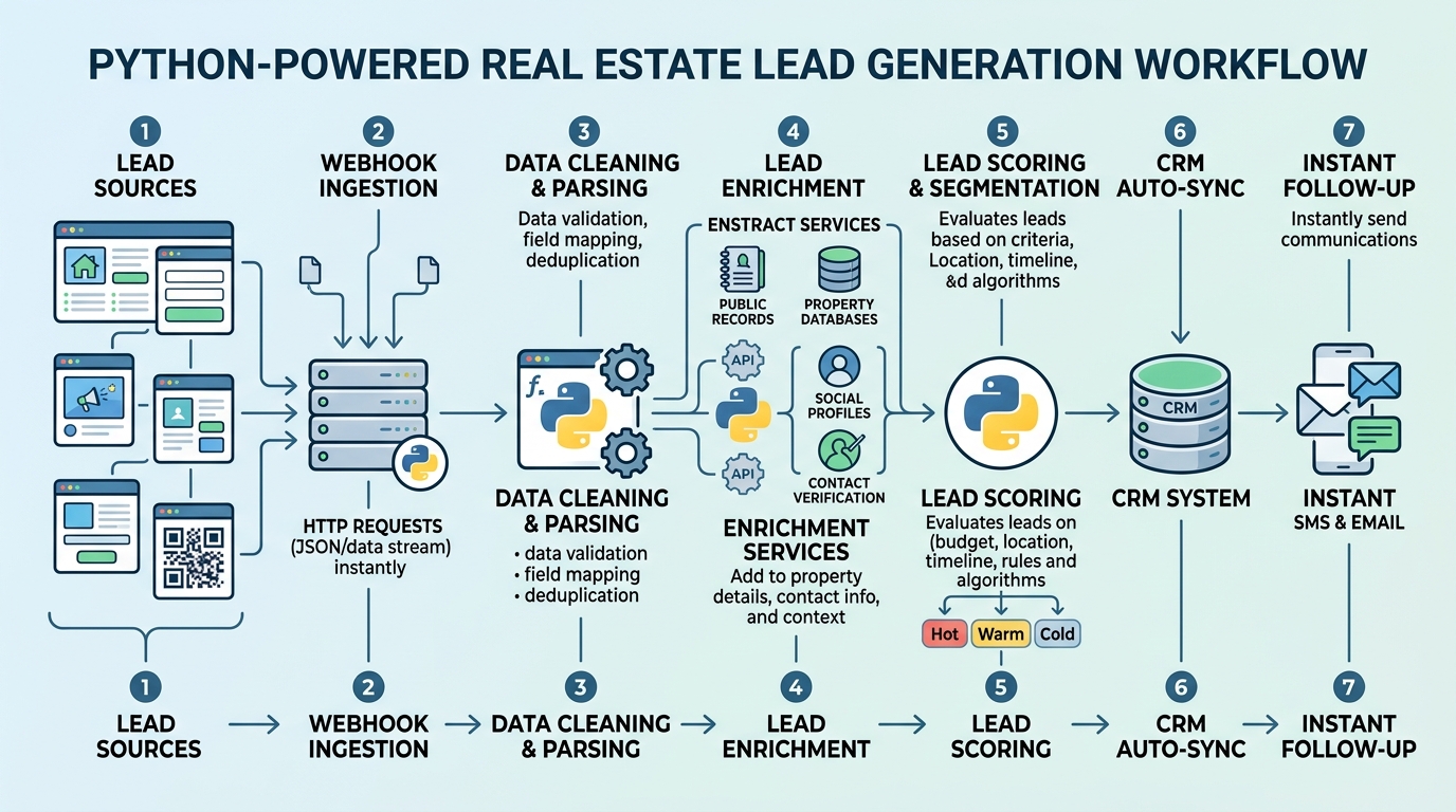 Diagram illustrating an automated real estate lead generation workflow powered by Python, integrating various lead sources with CRM and communication channels.