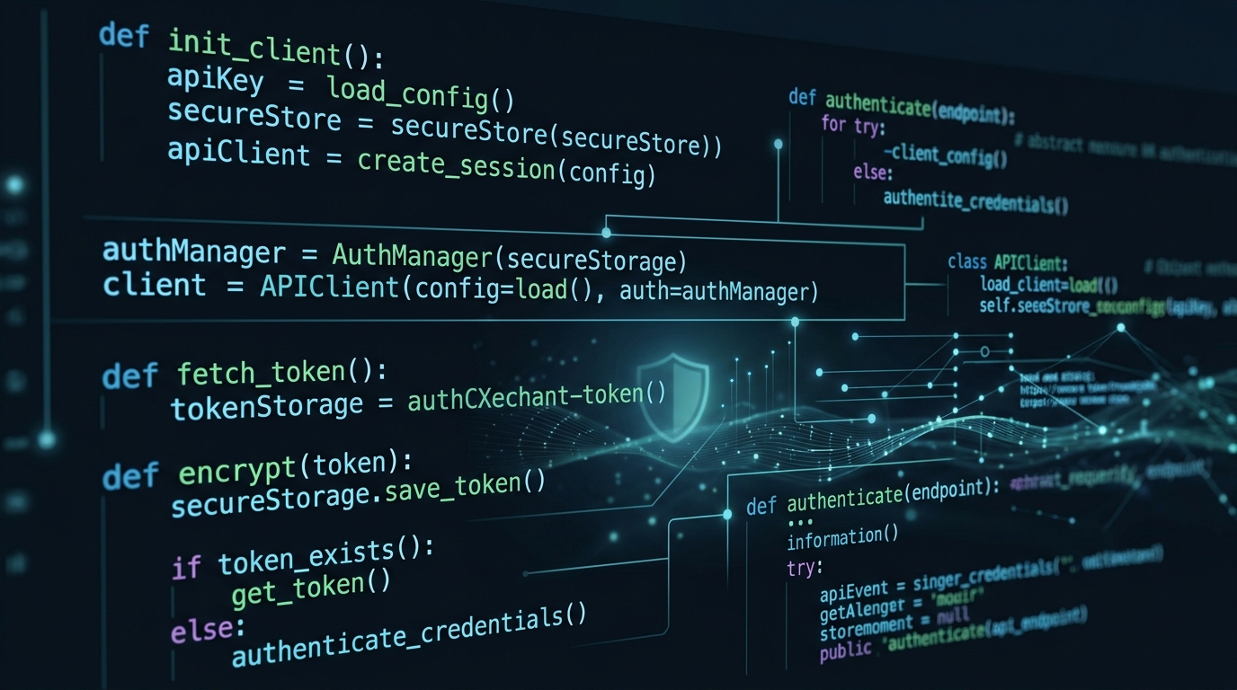 Abstract representation of Python code for authenticating with an API, showing secure token handling.