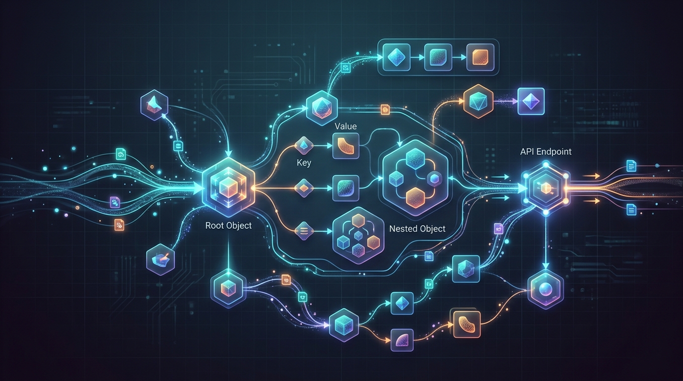 Abstract visualization of a JSON response from an API endpoint, illustrating data structure and digital communication.