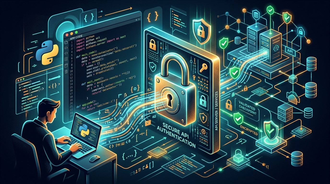 Abstract illustration of secure API authentication in a Python development context, showing data flow and a lock icon.