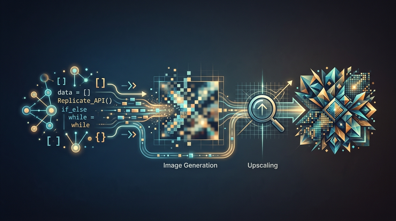 Abstract representation of Python code passing image outputs between Replicate models for an image generation and upscaling pipeline.