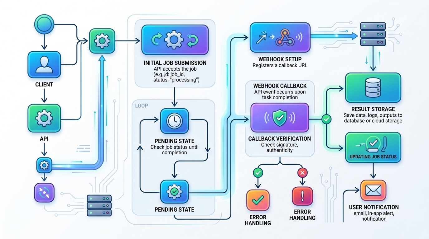 Flowchart illustrating the process of handling long-running tasks with webhooks in Replicate, from job submission to user notification.