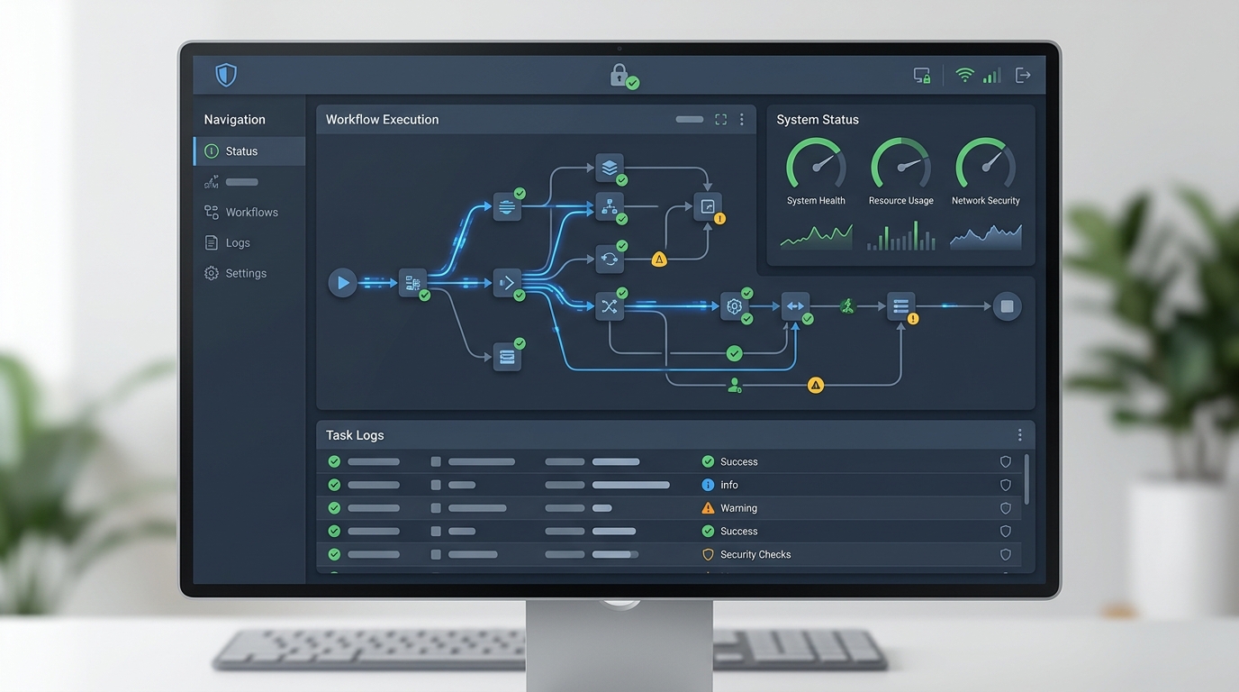 Dashboard of a secure local automation platform, showing workflow status and operational control.