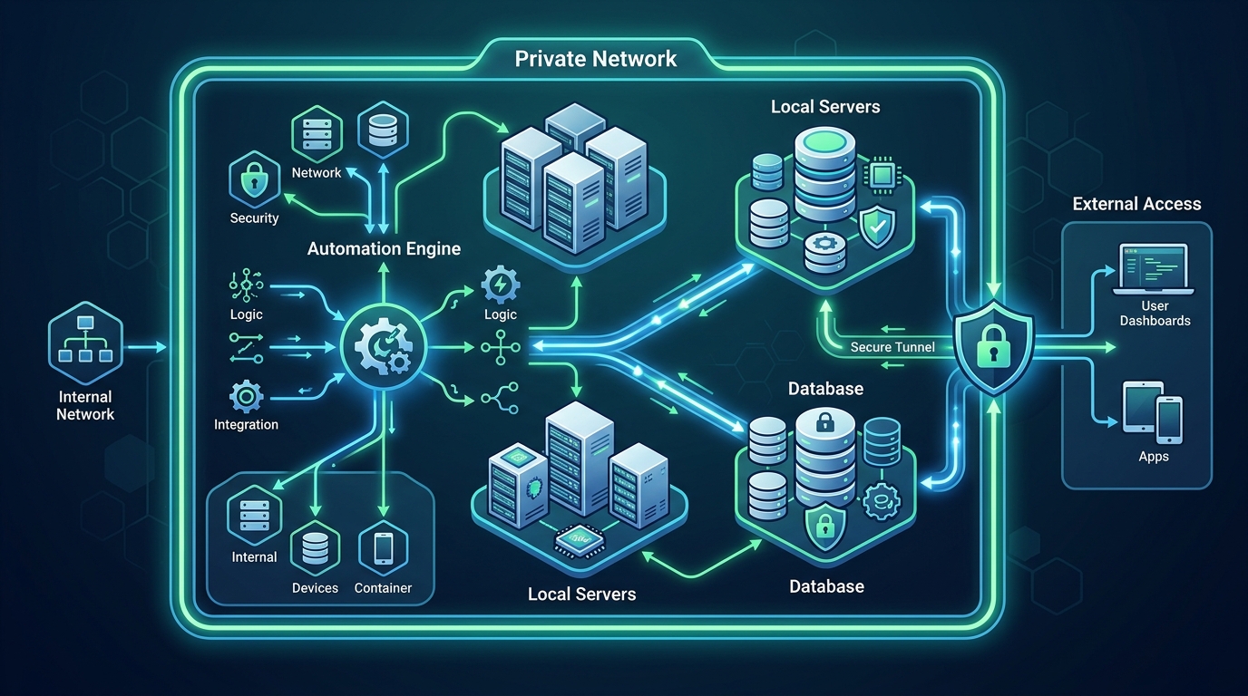 An architectural diagram showing a secure self-hosted automation platform, with data and processes contained within a private network, emphasizing local control and security.