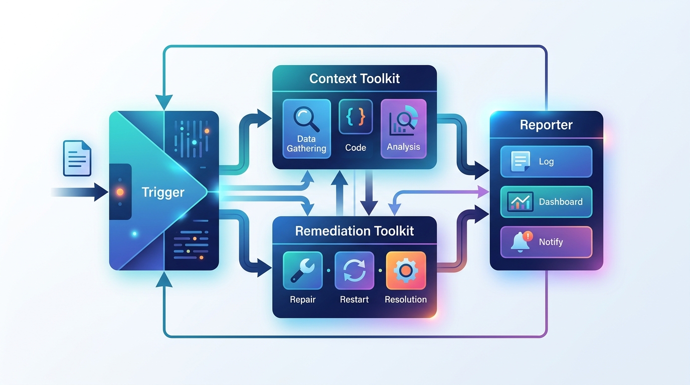 Flowchart illustrating the four main components of a self-healing automation AI agent error handler: Trigger, Context Toolkit, Remediation Toolkit, and Reporter.
