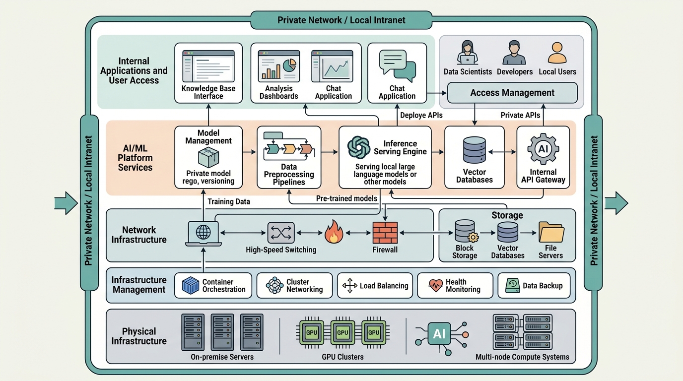 Architectural diagram of a self-hosted AI stack, showing servers, GPUs, and internal applications within a private network.