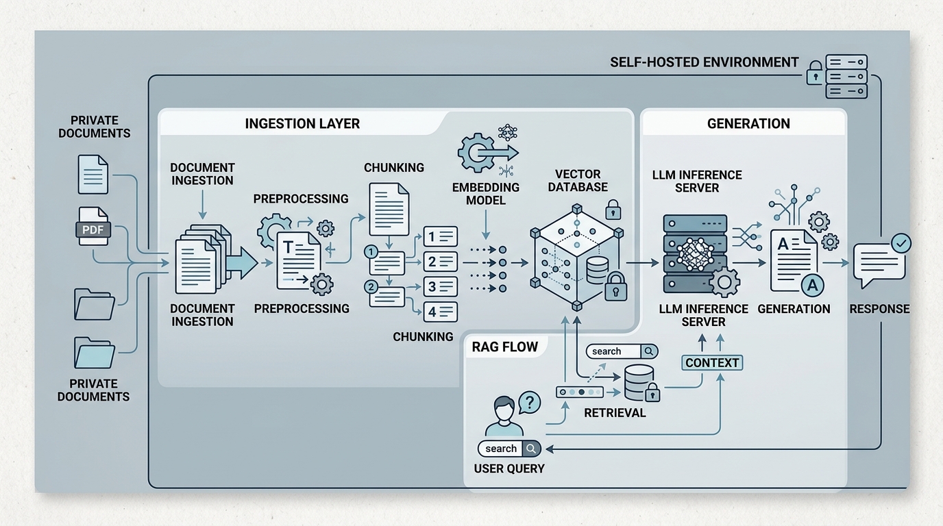 Architecture diagram illustrating the components of a self-hosted RAG pipeline, including document ingestion, chunking, embedding, vector database, and LLM inference server, all operating within a private network.
