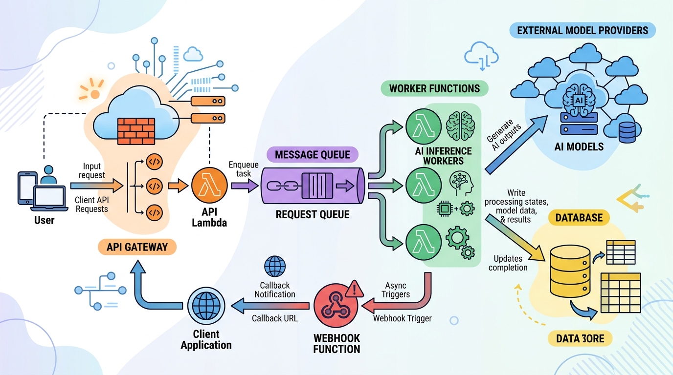 Serverless architecture diagram for deploying AI models via API, showing API gateway, queue, worker functions, model providers, database, and webhooks.