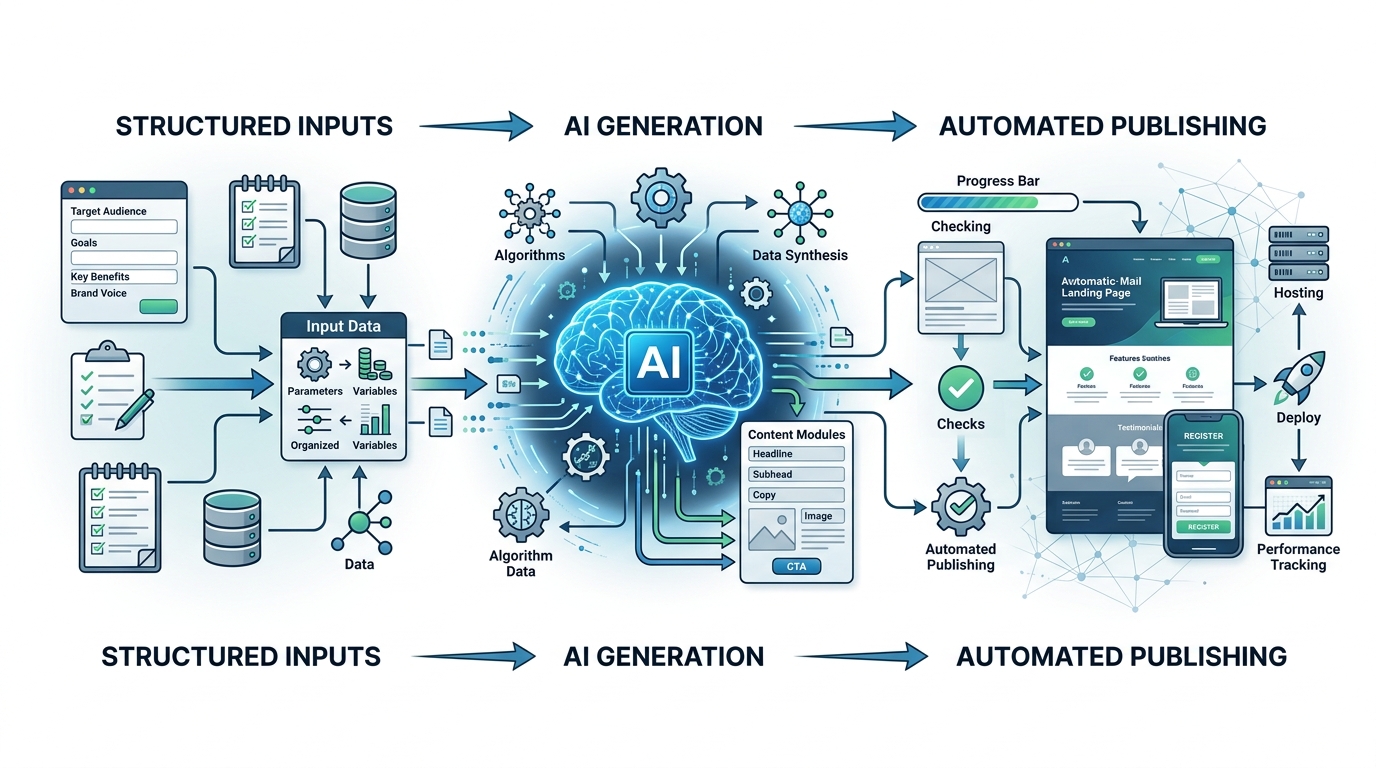 A diagram showing the three main steps to automate landing page creation with AI: structured inputs, AI generation, and automated publishing.