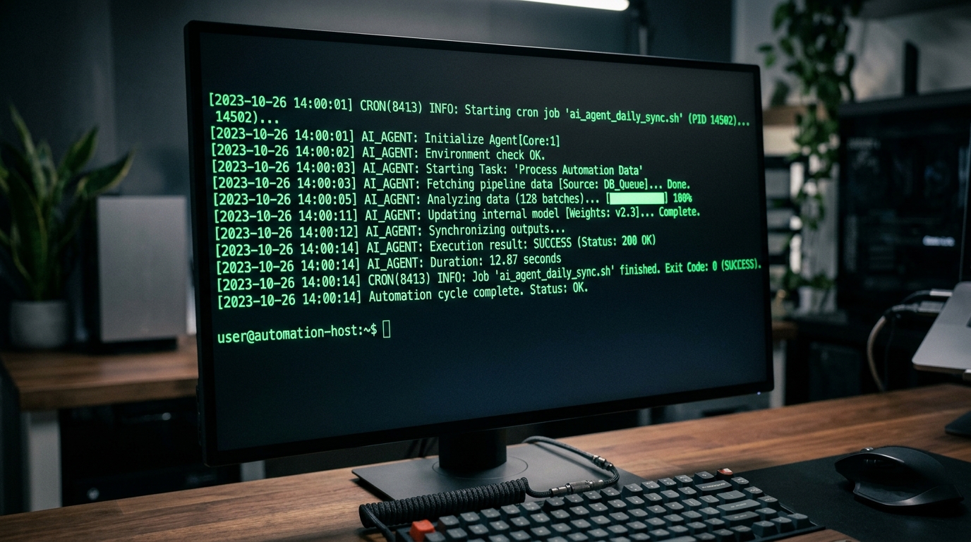 Terminal output showing a successful cron job AI agent automation task, with green text indicating completion.