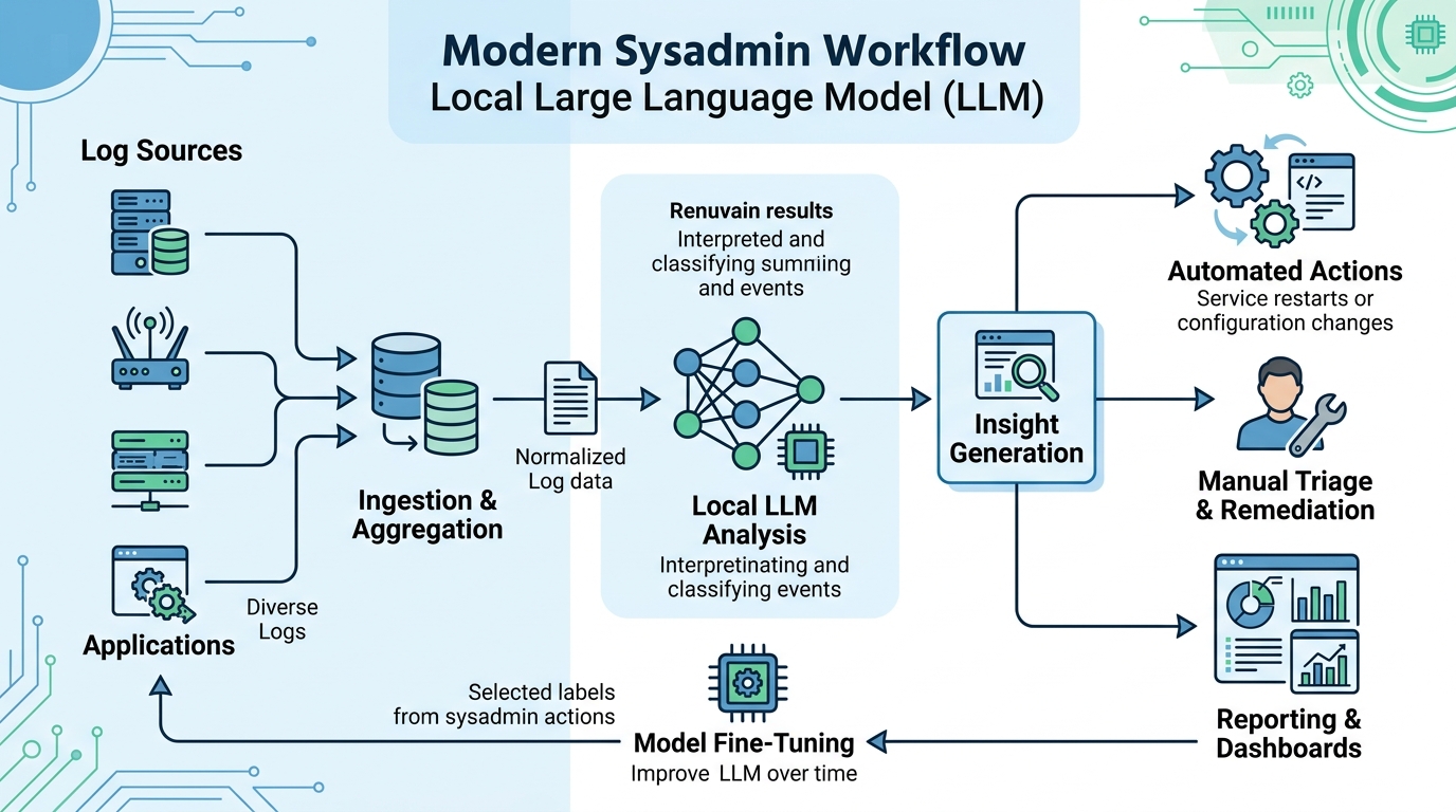 A workflow diagram showing how a local LLM is integrated into a sysadmin's operations for analyzing system logs.