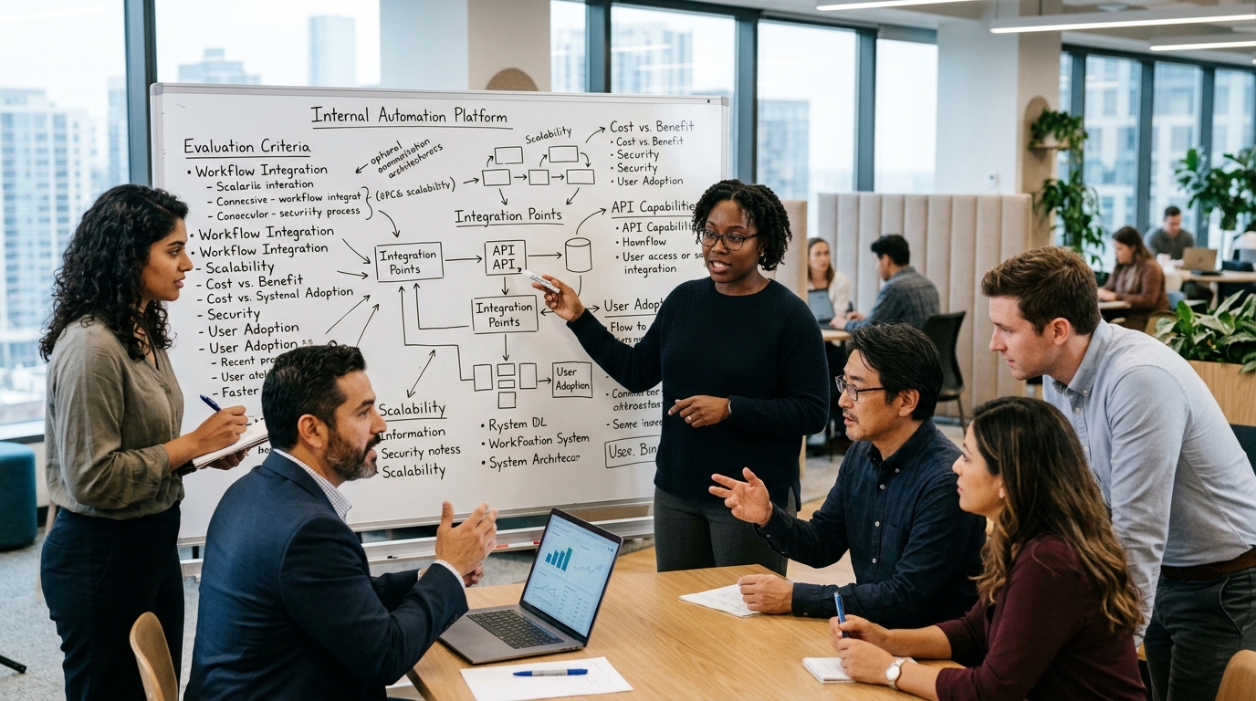 A team of professionals collaborating and evaluating various factors for an internal automation platform.