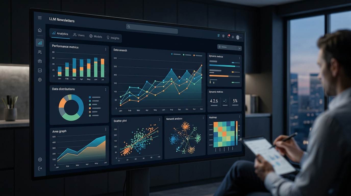A technical dashboard displaying data and insights from the best LLM newsletters, emphasizing deep understanding of machine learning.