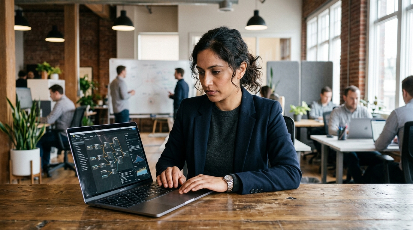 A technical founder intently reviewing an automated AI content pipeline on a screen, symbolizing the management of content generation for a startup.