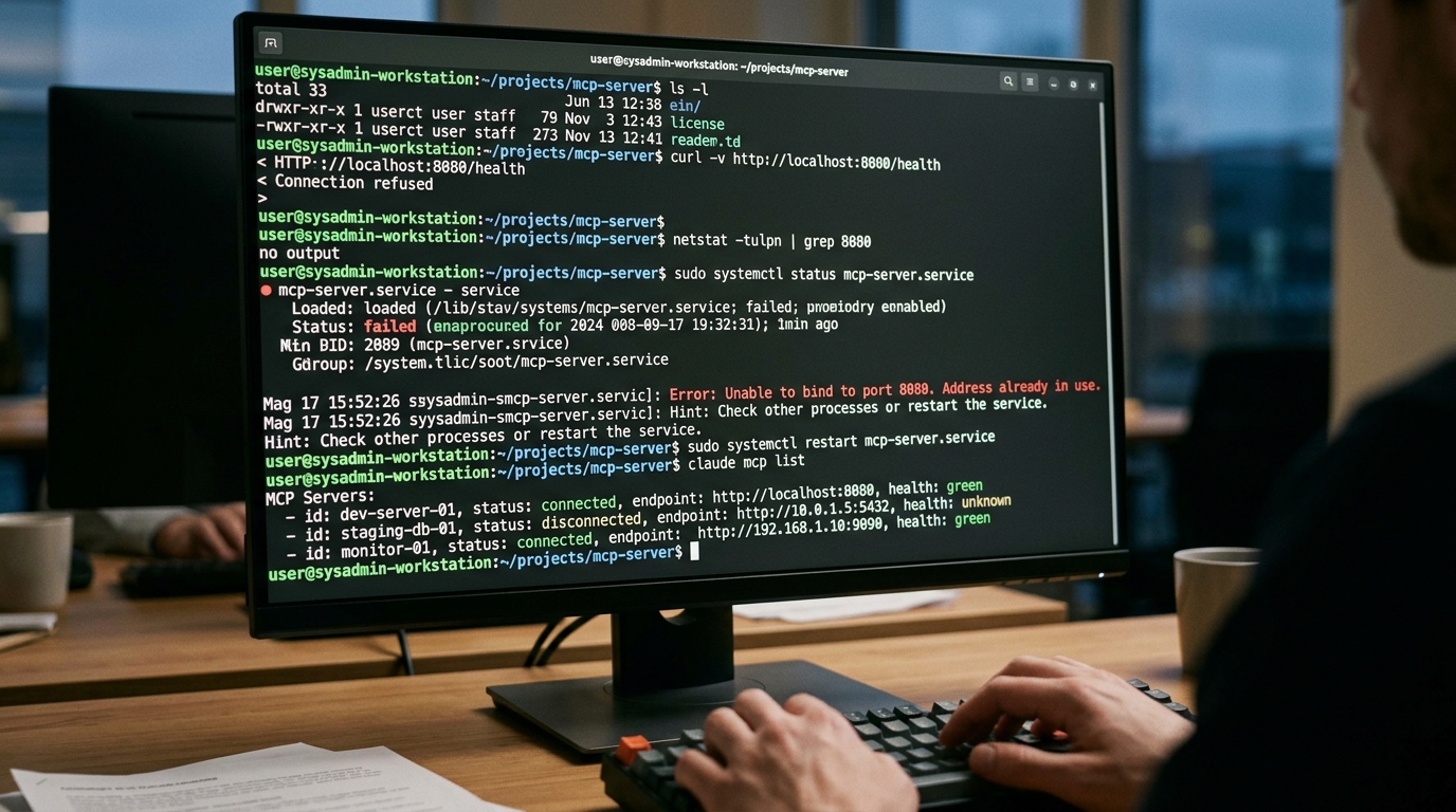 A terminal window displaying commands and output related to fixing a Claude Code MCP not connecting issue, showing successful connection or diagnostic steps.