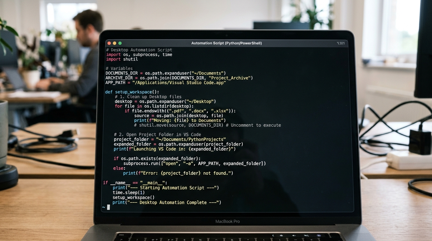 A terminal window displaying code for a desktop automation script, showing commands for application launching or file cleanup.