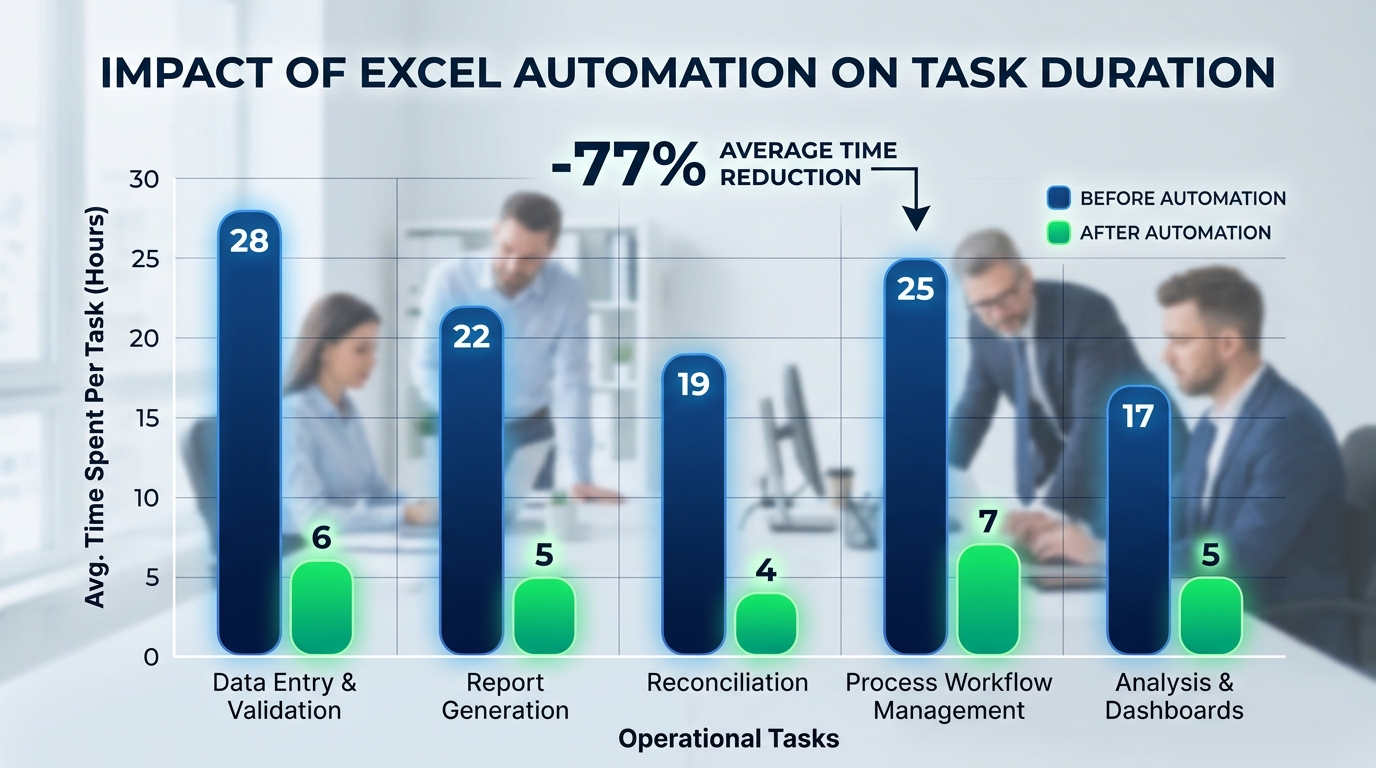 A bar graph illustrating a significant reduction in time spent on tasks after implementing Excel automation for operations teams.