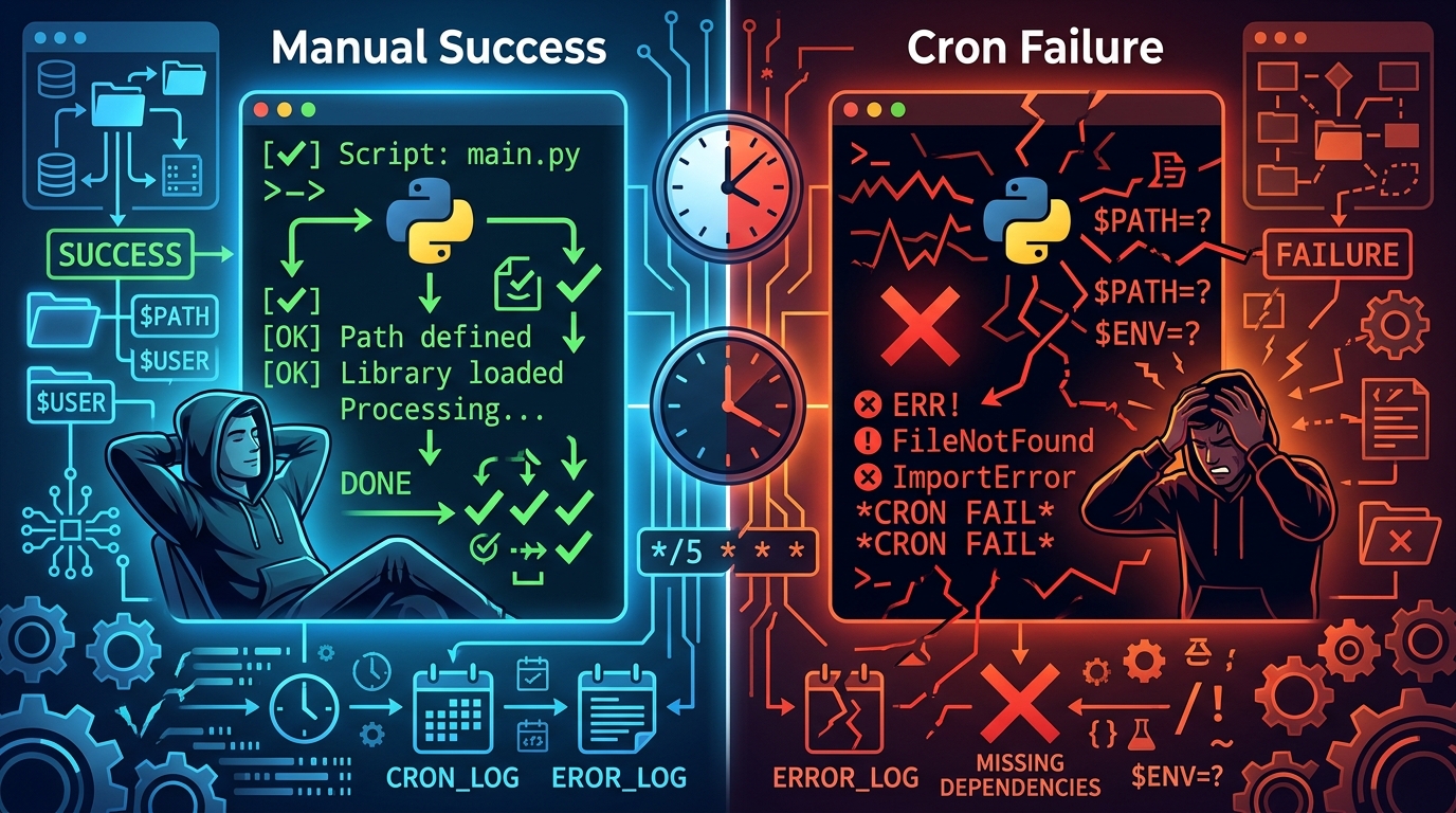 A visual metaphor depicting a Python script running successfully when executed manually, but failing or not running when scheduled via cron, highlighting common troubleshooting scenarios.