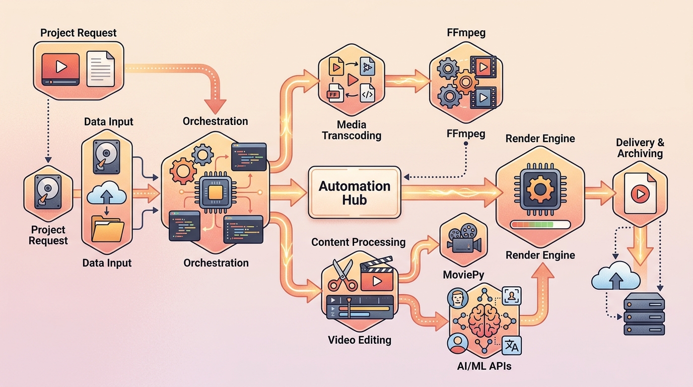 Architectural diagram of a video editing pipeline automated with Python, showing interconnected tools and stages.