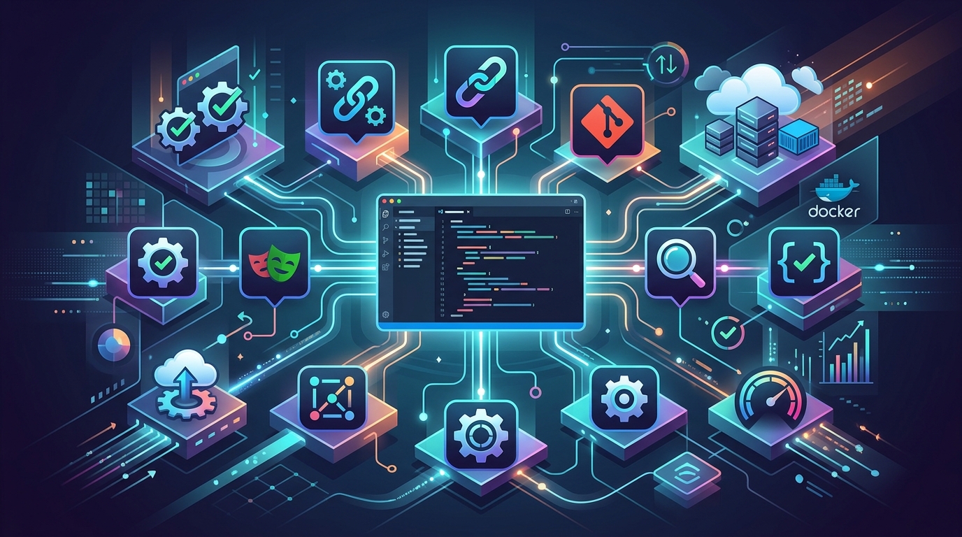 Graphic representing a curated list of top VS Code extensions beneficial for automation engineers.