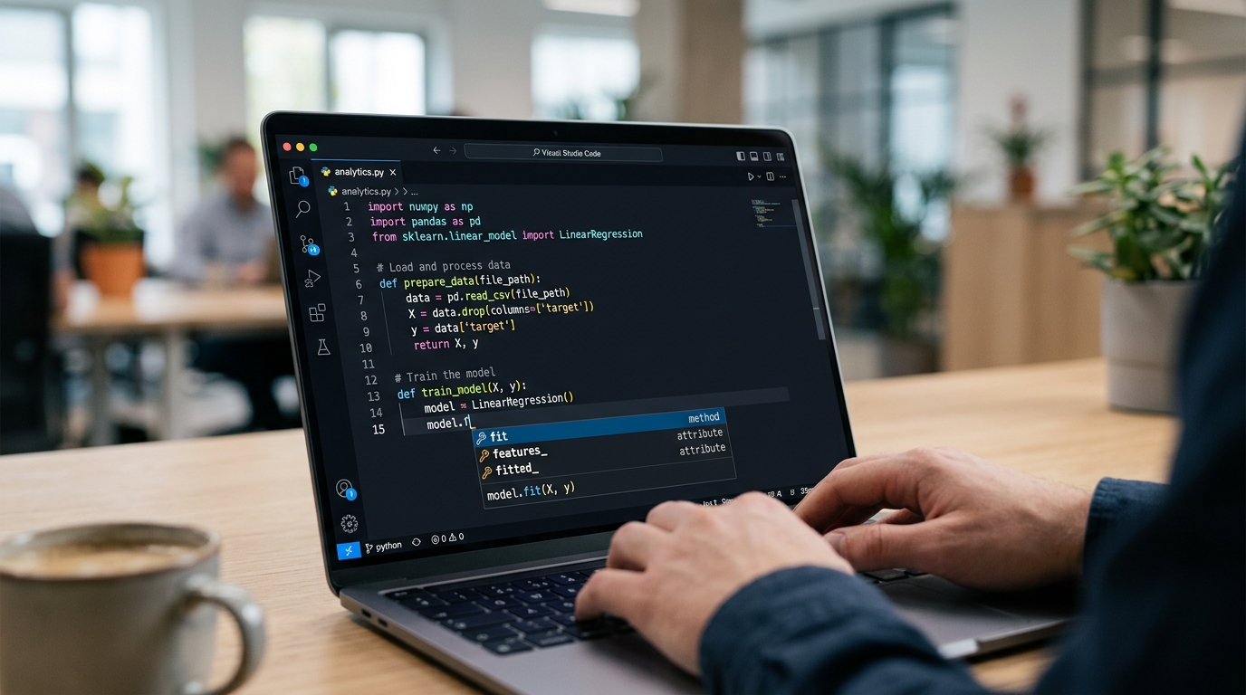A Visual Studio Code interface showing Python code with AI-powered autocomplete suggestions appearing as a developer types.